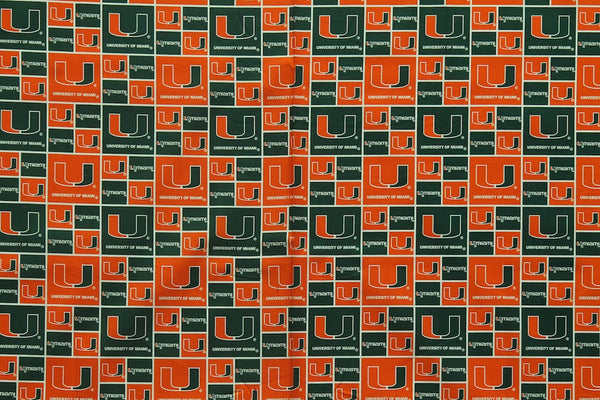 Miami Hurricanes Football Checkered Sheeting Fabric Cotton 4 Oz 44-45