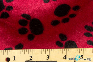 Red and Black Puppy Dog Paw Print Velboa Plush Faux Fake Fur