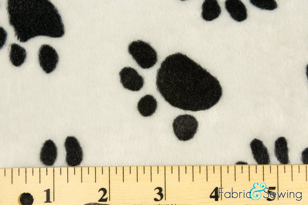 White and Black Puppy Dog Paw Print Velboa Plush Faux Fake Fur