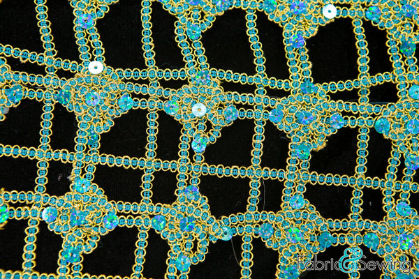 Turquoise Blue and Gold Yellow Geometric Lattice Sequined Chemically Cut Lace Polyester 58