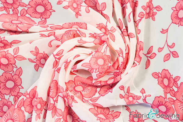 White and Coral Pink Small Flower Print Sheer High Multi Chiffon Fabric Polyester 2 Oz 58-60