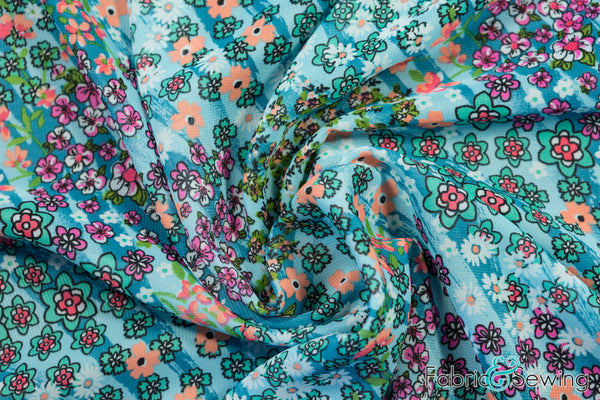 Turquoise Blue Small Daisy Flower Print Sheer High Multi Chiffon Fabric Polyester 2 Oz 58-60