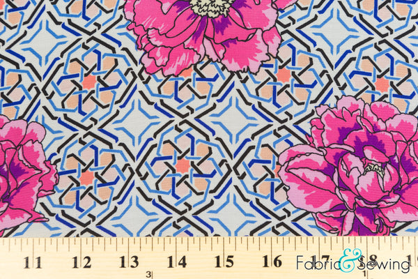 Fuchsia Pink Geometric Carnation Flower Print Sheer High Multi Chiffon Fabric Polyester 2 Oz 58-60