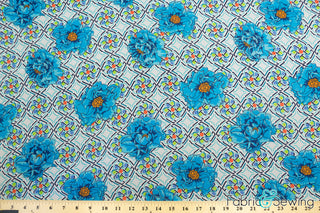 Turquoise Blue Geometric Carnation Flower Print Sheer High Multi Chiffon Fabric Polyester 2 Oz 58-60-2