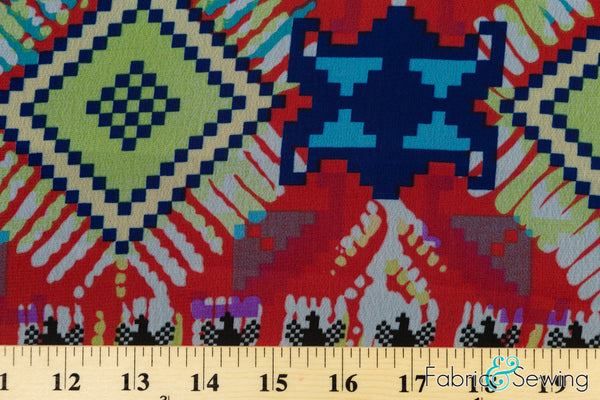 Red and Green Indian Ikat Print Sheer High Multi Chiffon Fabric Polyester 2 Oz 58-60