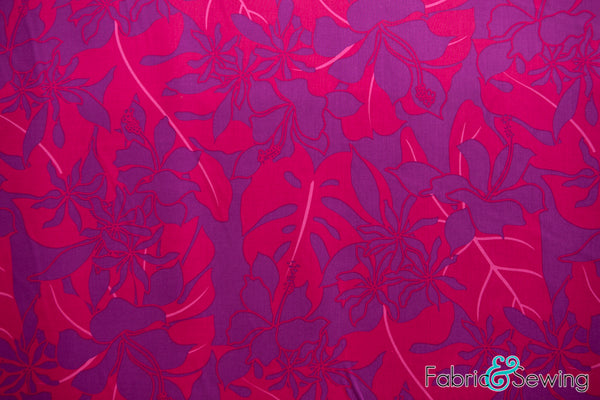 Purple Hawaiian Island Flowers Print Woven Poplin Fabric Rayon 45
