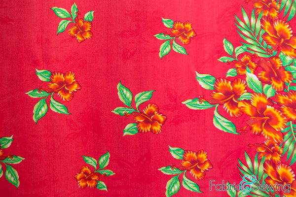 Red Hawaiian Island Flowers Print Woven Poplin Fabric Rayon 45